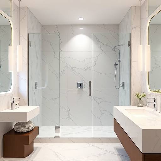 A modern bathroom with a walk-in shower, marble countertops, and stylish fixtures.