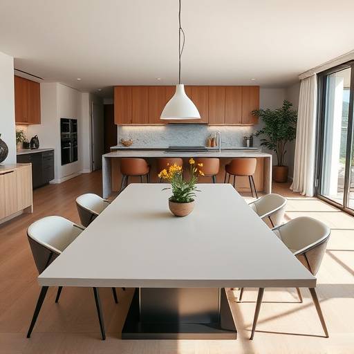 An open-concept dining area with a sleek table and comfortable seating, perfect for entertaining.